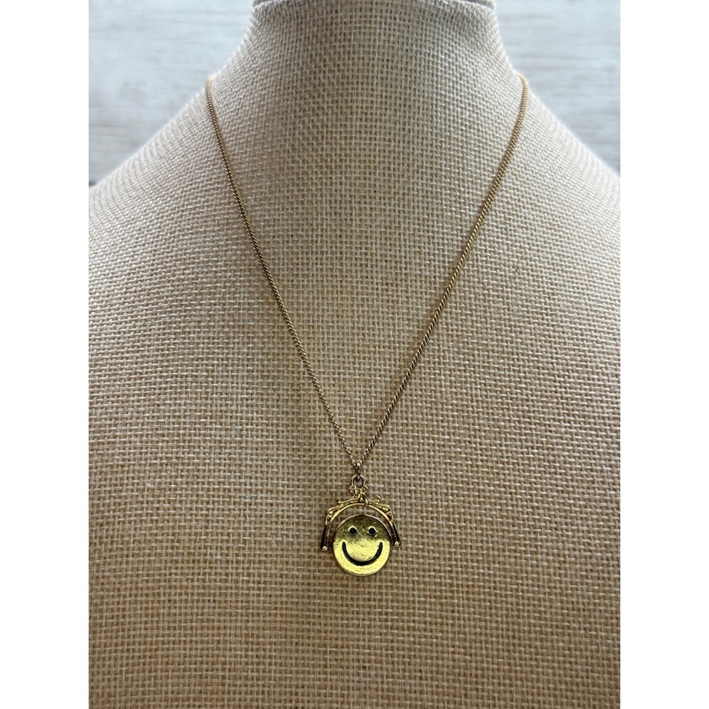 Gold Tone Spinner Smiley Face Mood Necklace Happy Sad Novelty Pendant